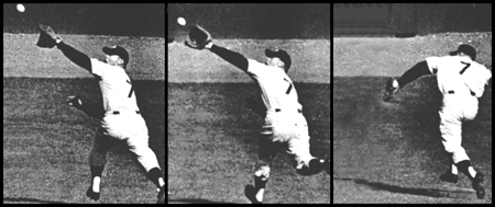 3-panel view of Mickey Mantle's game-saving backhanded catch of Gil Hodges line drive bid for extra bases, saving Don Larsen's perfect game in the 1956 World Series against the Brooklyn Dodgers at Yankee Stadium