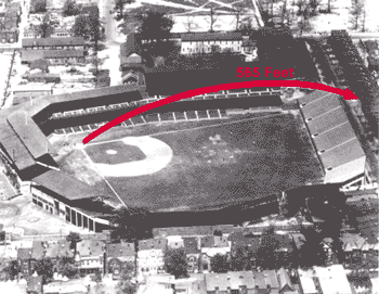 Diagram of Mickey Mantle's legendary 565-foot home run hit completely out of Griffith Stadium in Washington, DC. This is the home run that coined the term, "tape measure home run."