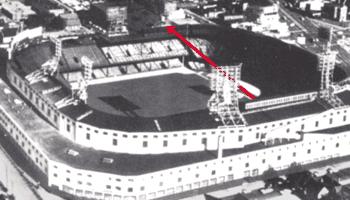 Diagram of the 650-foot home run Mickey Mantle hit on June 11, 1953 at Tiger Stadium in Detroit. His right-handed homer ricocheted off the right-field roof.