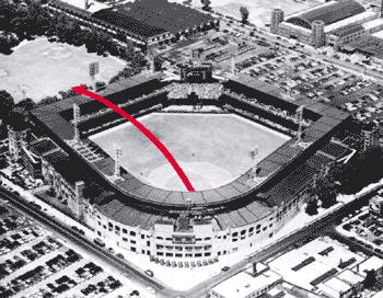 Photo showing the path of Mickey Mantle's 550-foot home run hit on June 5, 1955 at Comiskey Park in Chicago. Mickey, batting right-handed against White Sox' pitcher Billy Pierce, hit the ball over the park’s 160-foot high left-field roof, directly above the field’s 360-foot mark. The ball eventually landed on a car parked on the other side of 34th Street, smashing the car’s windshield.