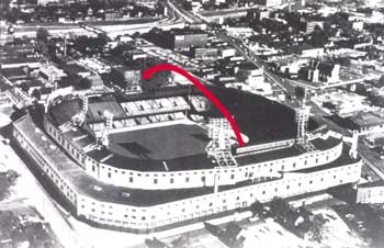 Diagram of Mickey Mantle's 643-foot home run over the roof of Detroit's Tiger Stadium. Mickey hit it left-handed off Tigers' pitcher Paul Foytack.