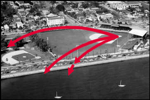 Diagram of three long home runs Mickey Mantle hit in spring training at Al Lang Stadium in St. Petersburg, Florida.