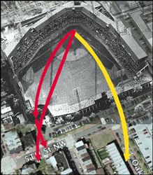 Aerial diagram of Mickey Mantle's three mammoth home runs at Griffith Stadium in Washington. One went 565-feet on April 17, 1953 (yellow arrow). Two (red arrows) each went over 500 feet on Opening Day, April 17, 1956.
