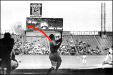Diagram showing the path of Mickey Mantle's 565-foot home run hit at Griffith Stadium in Washington on April 17, 1953. Picture shows Mickey batting left-handed but he actually batted right-handed.