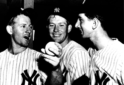 Best friends Whitey Ford, Mickey Mantle and Billy Martin in the Yankees clubhouse after Mickey hit yet another home run to win a game for Whitey and the New York Yankees.
