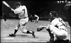 Mickey Mantle crushesa mammoth home run off Jim Bunning on September 17, 1958 at Tiger Stadium in Detroit. It went over the rightfield roof and struck the second story of a building on the opposite side of Trumbull Ave.