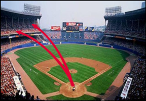 Diagram of Mickey Mantle's home run hit on August 5, 1954 at Cleveland Municipal Stadium. Joe Collins hit a long home run (red arrow on the left) and challenged Mickey to hit one further. In his next at-bat Mickey crushed the homer represented by the red arrow on the right.