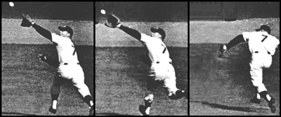 Mickey Mantle's spectacular game-saving back-handed catch made in Don Larsen's perfect game in the 1956 World Series. Mickey also homered for the Yankees first run.